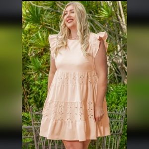 3X Pink Coral Peach Broderie Anglaise Patchwork Tiered Swing Curvy Dress